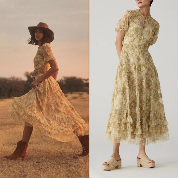Anthropologie Dresses & Skirts - Anthropologie Mac Duggal Womens Size‎ 12 Yellow Floral Print Ruffle Midi Dress
